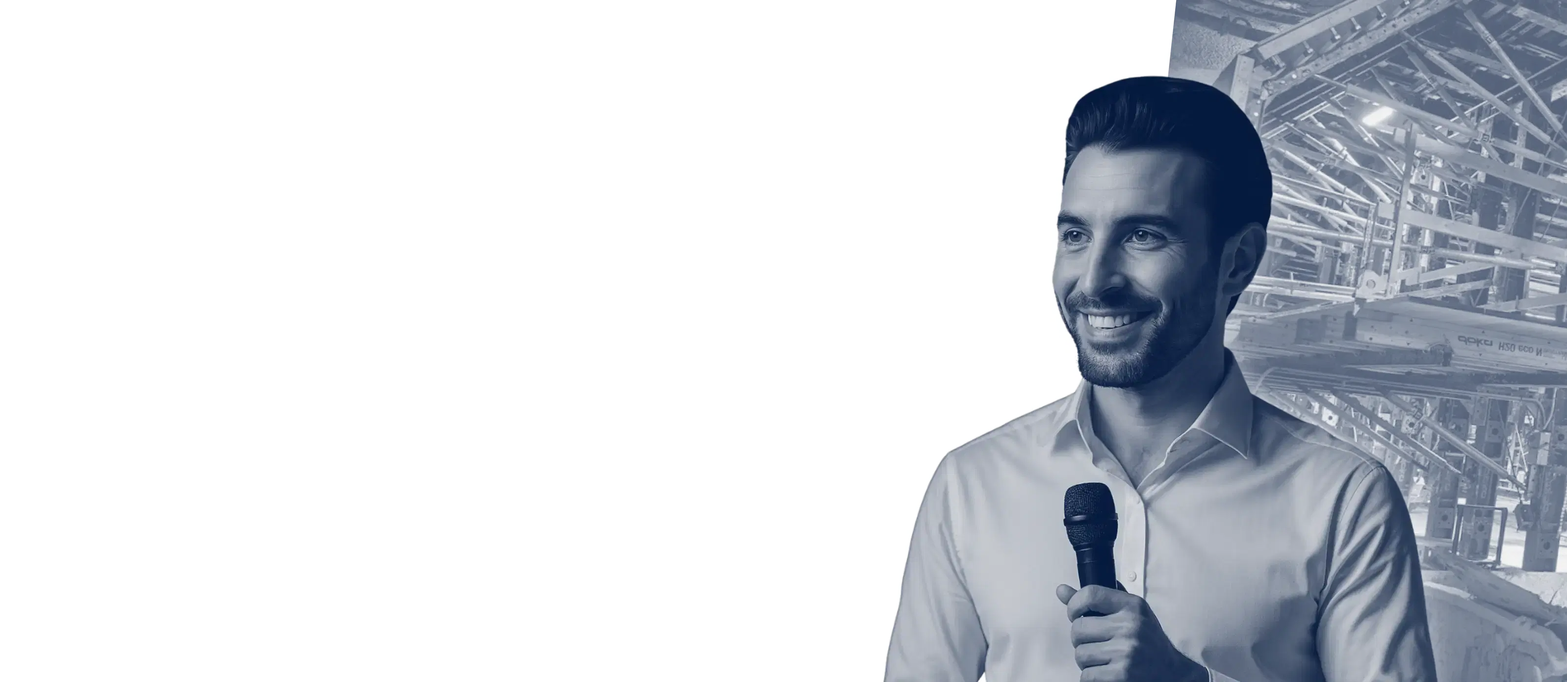 Remi Baneras, founder of BUCOF, speaks at a webinar on project control. Focused on cost tracking and forecasting for construction teams, the image shows him in a white shirt, confidently presenting against a background of site construction infrastructure